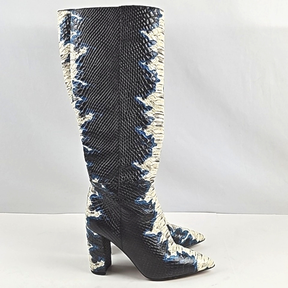 Gianni Bini Kellbie Leather Snakeskin Texture Black Cream Blue Heeled Tall Boot - Picture 3 of 16